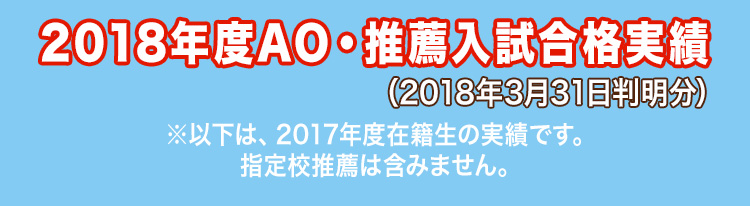 2018年度AO・推薦入試合格実績(2018年3月31日判明分)※以下は、2017年度在籍生の実績です。指定校推薦は含みません。