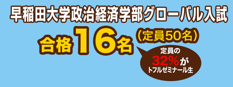 早稲田大学政治経済学部グローバル入試16名(定員50名)定員の32%がトフルゼミナール生