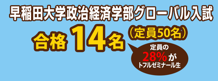 早稲田大学政治経済学部グローバル入試14名(定員50名)定員の28%がトフルゼミナール生